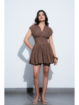 COLOR CAPITAL - Brown Poplin Cotton Solid Flared Dress