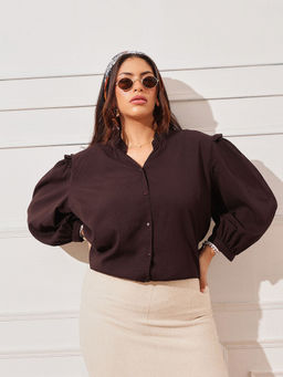 CURVY STREET - Brown Ruffled Neck Balloon Sleeve Delta Frill Shirt