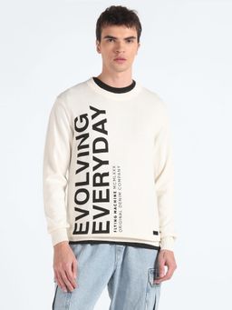 Flying Machine - Beige and Black Typography Printed Cotton Sweater
