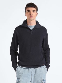 Flying Machine - Navy Blue High Neck Zipper Textured Sweater