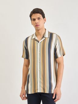 LINDBERGH - Mens Brown Vertical Stripes Resort Collar Relaxed Fit Shirt