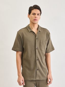 LINDBERGH - Mens Green Open Knit Spread Collar Regular Fit Shirt