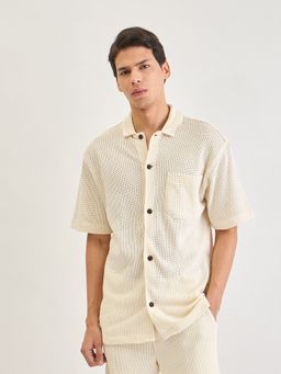 LINDBERGH - Mens Cream Open Knit Spread Collar Regular Fit Shirt