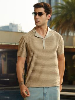 Campus Sutra - Mens Ash Beige Crease-Tactile Cuban Polo T-Shirt