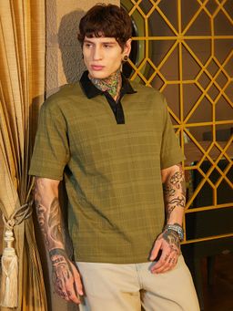 Campus Sutra - Mens Olive Green and Onyx Black Contrast Grid Polo T-Shirt