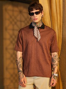 Campus Sutra - Mens Chocolate Brown and Onyx Black Triad Contrast Polo T-Shirt