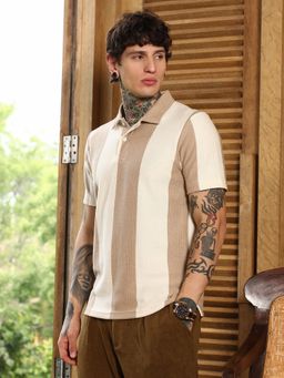 Campus Sutra - Mens Tan Brown and Cream White Awning-Tactile Polo T-Shirt