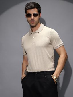 Campus Sutra - Mens Ecru Beige Spirit Weave Polo T-Shirt