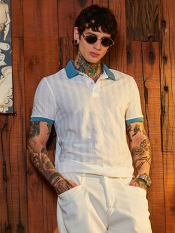 Campus Sutra - Mens Chalk White and Aegean Contrast Texture Polo T-Shirt