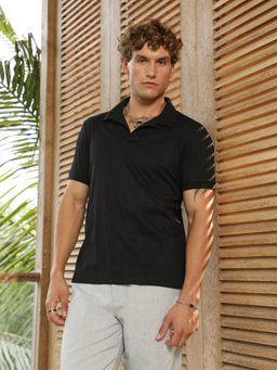 Campus Sutra - Mens Onyx Black Ribbed -Tactile Polo T-Shirt