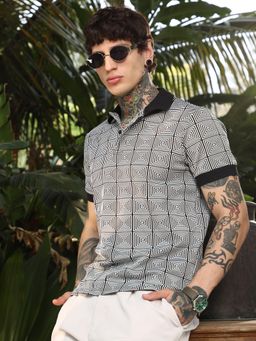Campus Sutra - Mens Midnight Black and Cream White Optical-Illusion Polo T-Shirt