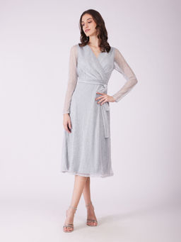 FableStreet - Silver Metallic Lurex Wrap Midi Dress
