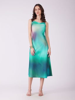FableStreet - Blue Stretch Satin Ombre Midi Dress