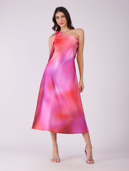 FableStreet - Pink One Shoulder Ombre Midi Dress