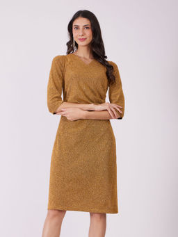 FableStreet - Gold Metallic Lurex Pleated Knee Length Dress