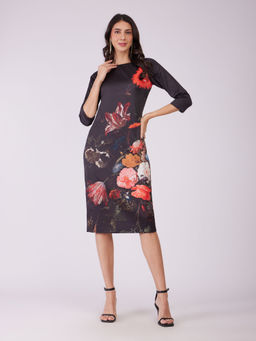 FableStreet - Red Stretch Satin Floral Knee Length Dress