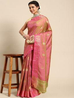 Odette - Pink Silk Blend Woven Saree with Unstitched Blouse