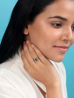 Zavya - Green Solitaire Halo Cz Rhodium Plated 925 Sterling Silver Ring