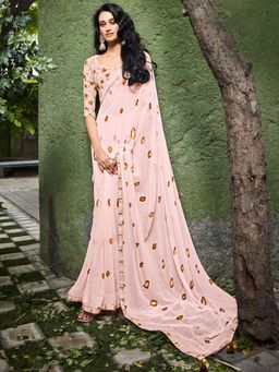 Akhilam - Womens Georgette Rose Gold Printed Designer Saree with Unstitched Blouse
