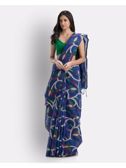 Angoshobha - Blue Handloom Printed Cotton Blend Saree with Unstitched