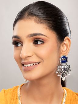 Priyaasi - Blue Silver Plated Stone Studded Drop Earrings (L)