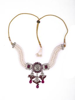 Priyaasi - Purple Stone Studded Silver Plated Floral Jewellery Set (M)