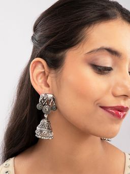 Priyaasi - Oxidised Silver Plated Elephant Jhumka Earrings (L)