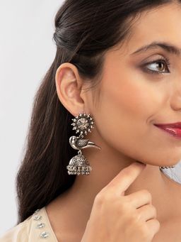 Priyaasi - Oxidised Peacock Silver Plated Jhumka Earrings (L)