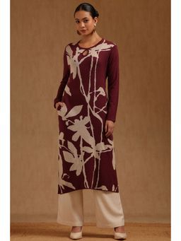 Soch - Women Wine Acrylic Floral Printed Kurta