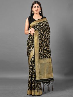 Akhilam - Womens Silk Blend Black Woven Design Designer Saree with Unstitched Blouse