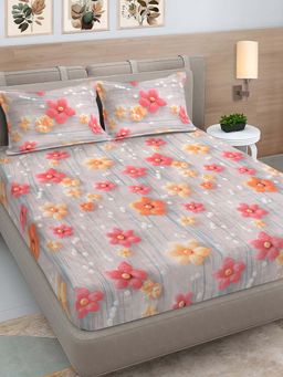 FABINALIV - Multicolor Floral Cotton Blend 7D King Size Double Bedsheet With 2 Pillow Covers