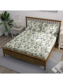 Swayam - Floral 250 Tc Cotton King Fitted King Fitted Bedsheet With 2 Pillow Covers-White