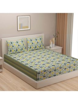 Swayam - Floral 250 Tc Cotton King Fitted King Fitted Bedsheet With 2 Pillow Covers-Green