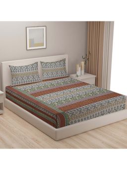 Swayam - Floral 250 Tc Cotton King Fitted King Fitted Bedsheet With 2 Pillow Covers-White