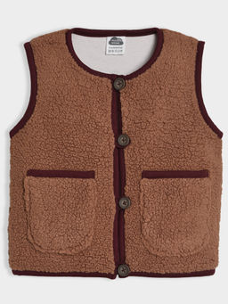 Mi Arcus - Solid Brown Patch Pocket Sleeveless Round Neck Jacket (6-9 Months)