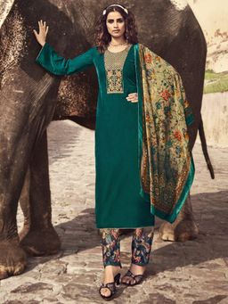 Stylee LIFESTYLE - Green Velvet Embroidered Dress Material (Set of 3)