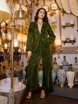 The Clothing Factory - Women Green Velvet Textured Co-Ord Set
