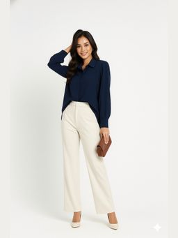 The Clothing Factory - Navy Blue Long Sleeve Lace-Up Back Shirt