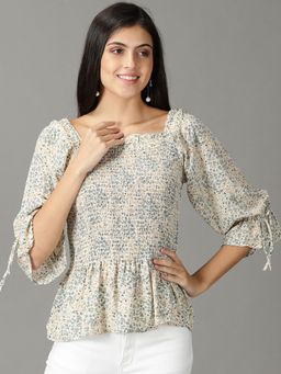 SHOWOFF - Womens Full Sleeves Square Neck Off White Printed Top