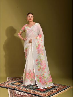 Odette - White Linen Designer Saree with Unstitched Blouse