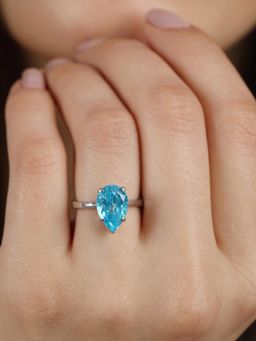 CLARA - 925 Silver Rhodium Plated Swiss Zirconia Sky Blue Tear Drop Adjustable Ring For Women & Girls
