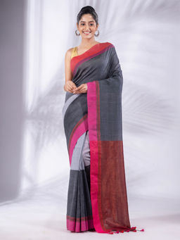 CHARUKRITI - Grey Pure Cotton Handwoven Soft Saree & Zari Pallu with Unstitched Blouse