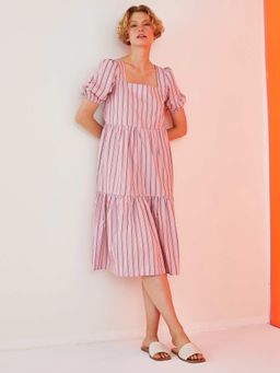LC WAIKIKI - Women Striped Puff Sleeve Poplin Pink Dress