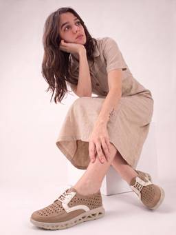 DENILL - Beige Perforated Casual Sneakers with White Accents and Geometric Sole