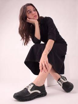 DENILL - Black Perforated Casual Sneakers with White Accents and Geometric Sole