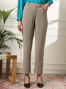 FITHUB - Beige Women High-Rise Wrinkle-Free Cotton Trouser for Formal Wear