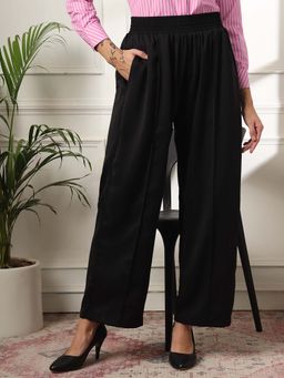 FITHUB - Black Women Relaxed Wide Leg Pleated Elasticated Formal Trouser