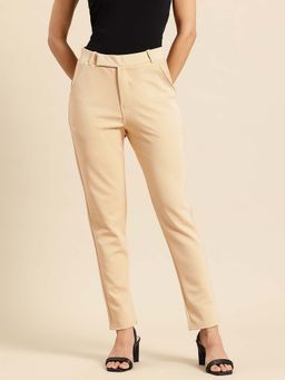 FITHUB - Cream Women High-Rise Wrinkle Free Plain Formal Trouser