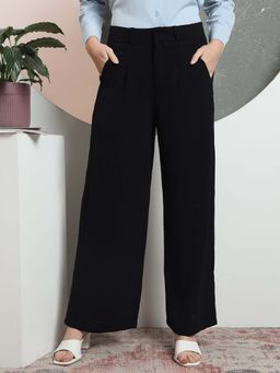 FITHUB - Black Women Relaxed Flared High-Rise Pleated Formal Trouser