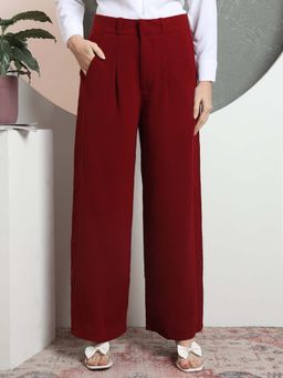 FITHUB - Maroon Women Relaxed Flared High-Rise Pleated Formal Trouser